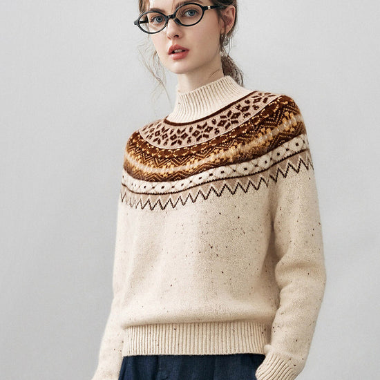 COMOBOCA 100% Cashmere Women's Fair Isle Mock Neck Sweater