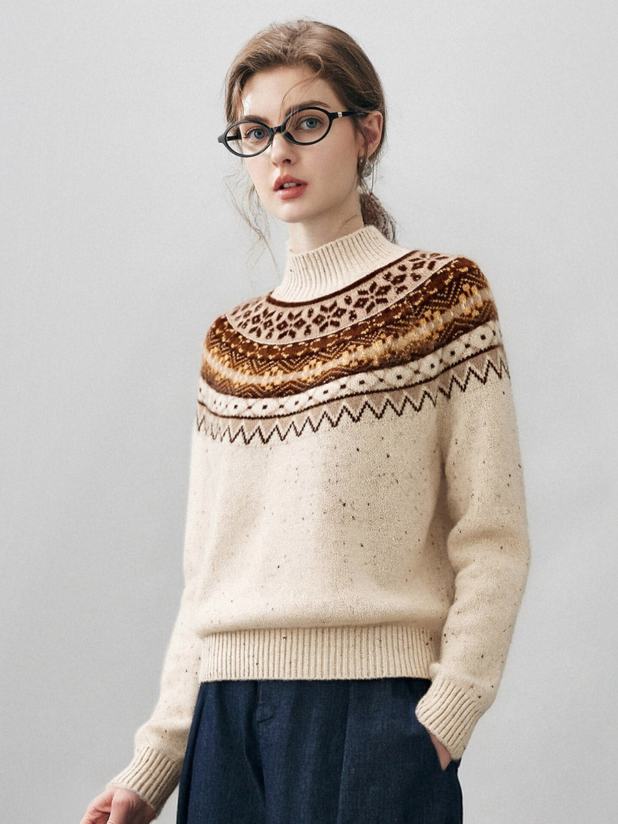 COMOBOCA 100% Cashmere Women's Fair Isle Mock Neck Sweater