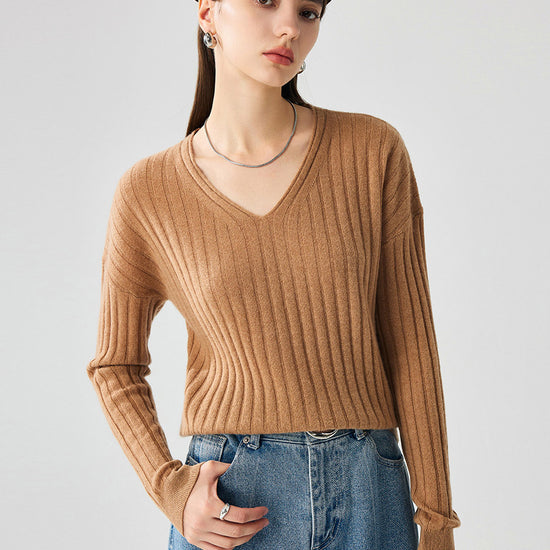 COMOBOCA Coffee Camel 100% Cashmere Women's Cozy Ribbed V-Neck Sweater
