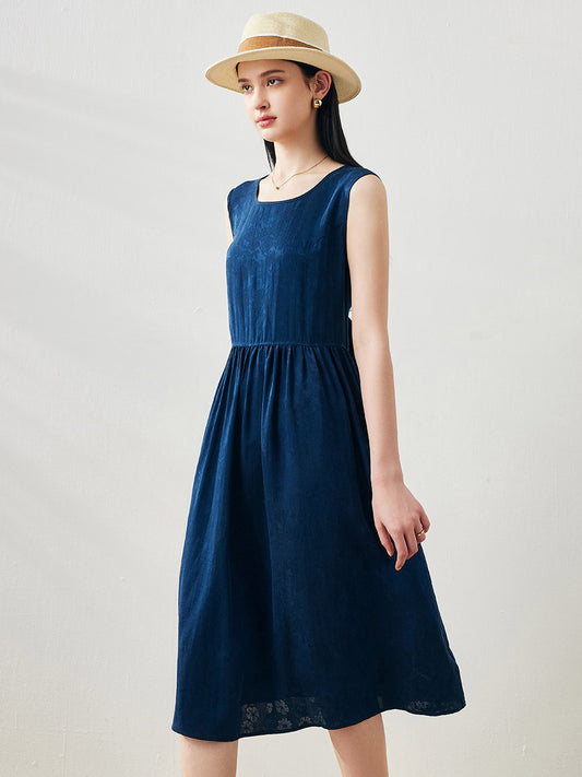 COMOBOCA Blue 100% Mulberry Silk Women's Sleeveless Midi Dress