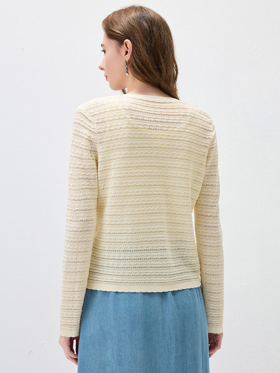COMOBOCA Women's Scalloped Pointelle Knit Cardigan