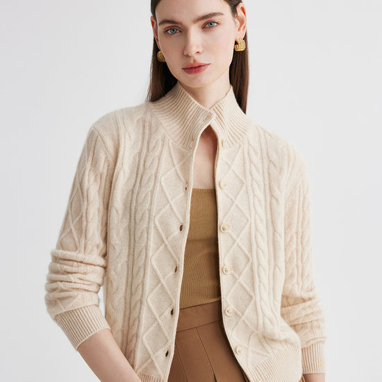 COMOBOCA Beige 100% Cashmere Women's Cable Mock Neck Knit Cardigan