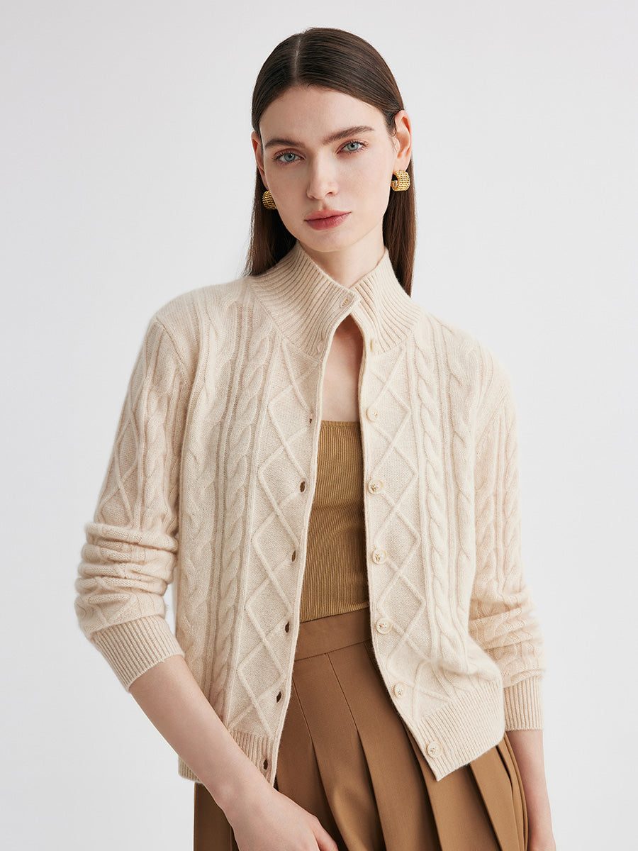 COMOBOCA Beige 100% Cashmere Women's Cable Mock Neck Knit Cardigan