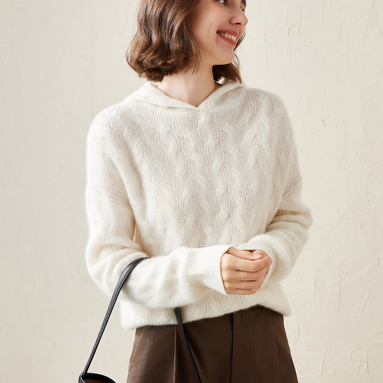 COMOBOCA White 100% Cashmere Women's Cable Knit Hooded Sweater