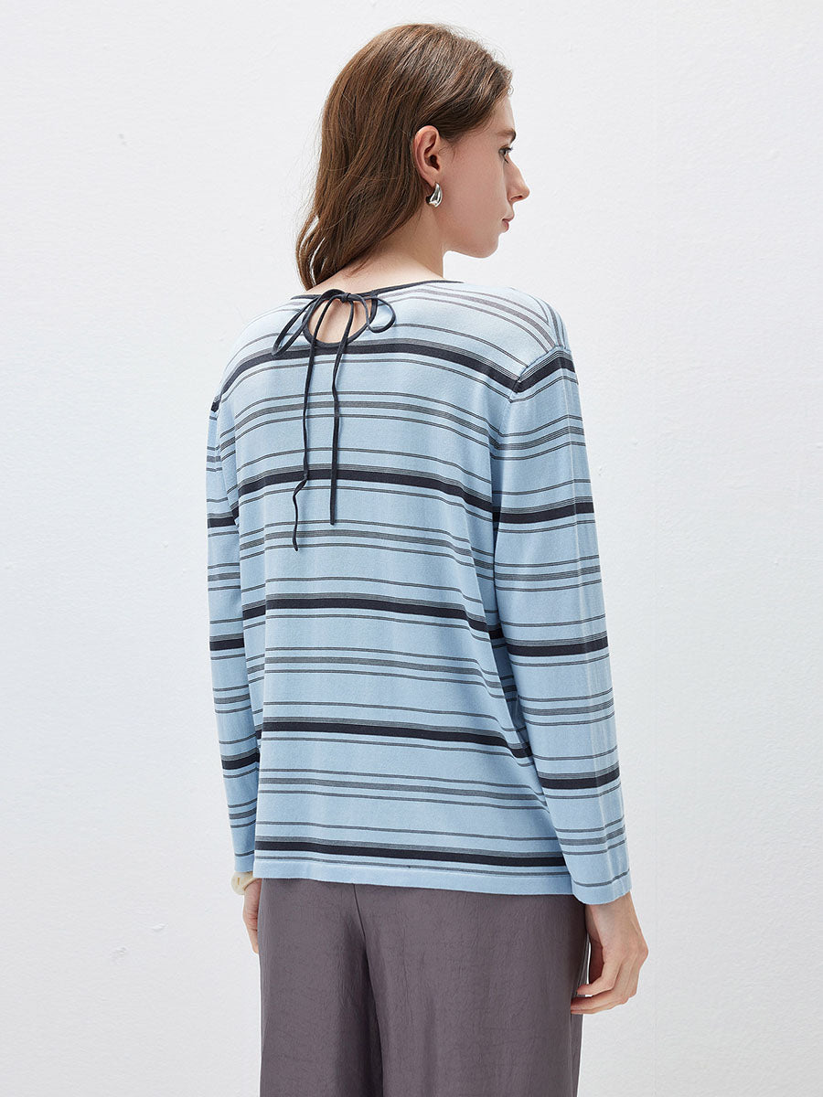 COMOBOCA Women's Striped Back Tie Knit Sweater