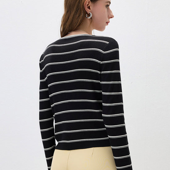 COMOBOCA Women's Striped Ribbed Knit Faux 2-in-1 Zip Cardigan