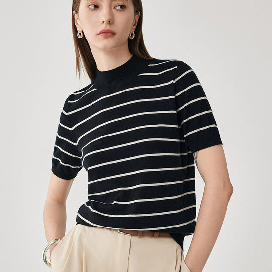 COMOBOCA 100% Wool Women's Mock Neck Striped Ribbed T-Shirt