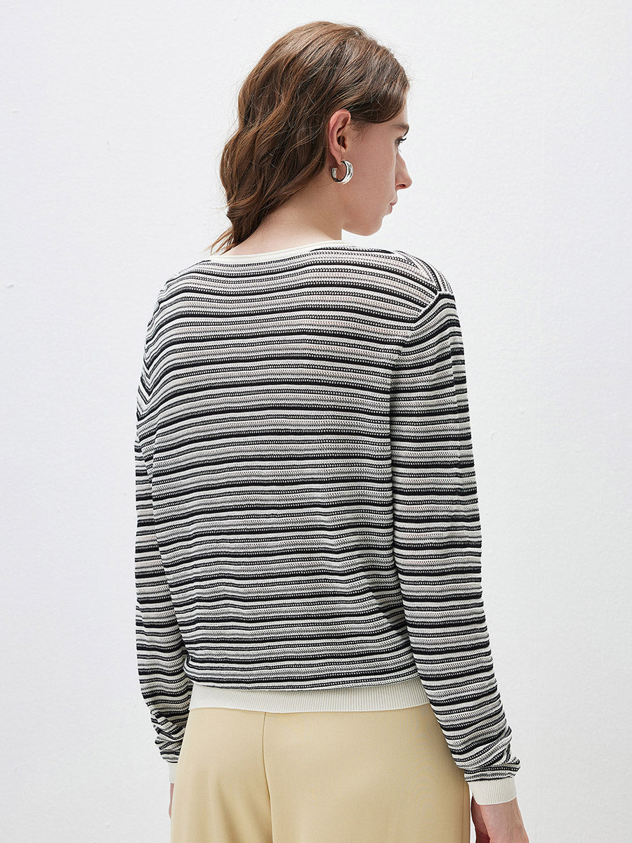 COMOBOCA Women's Striped Mesh Knit Round Neck Sweater