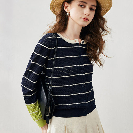 COMOBOCA Women's Striped Ribbed Button Down Cardigan