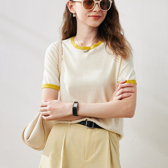 COMOBOCA Cream Women's Retro Ringer Cotton Silk T-Shirt