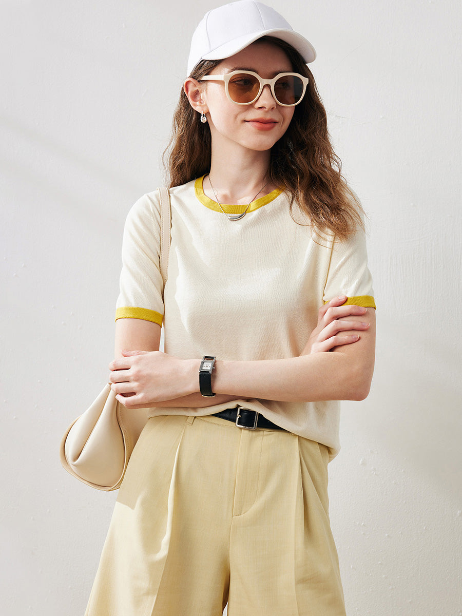 COMOBOCA Cream Women's Retro Ringer Cotton Silk T-Shirt