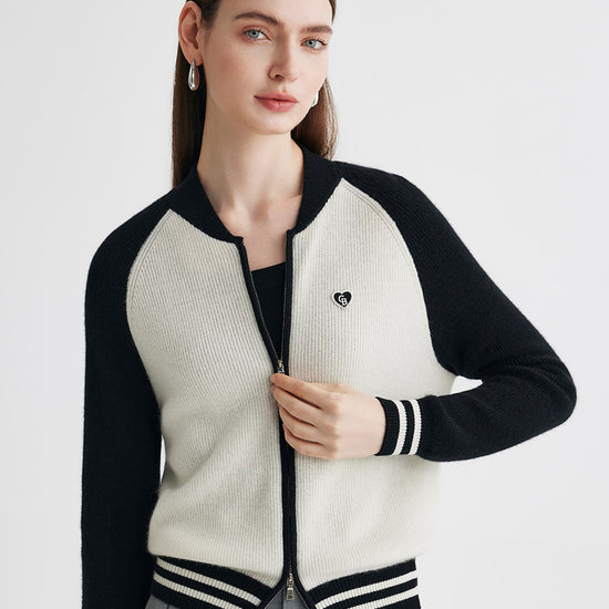 COMOBOCA 100% Cashmere Women's Color Block Knit Baseball Jacket