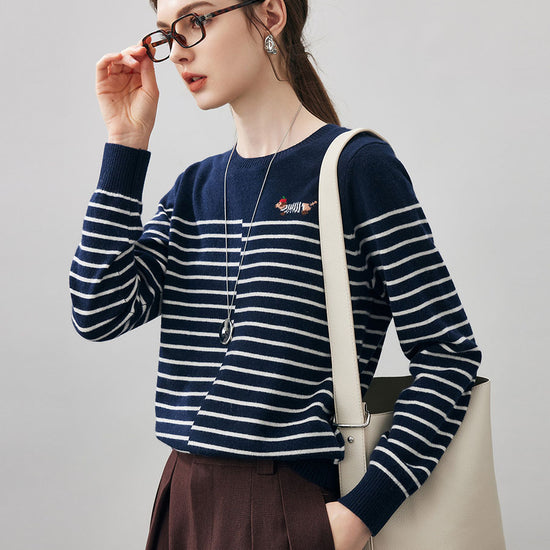 COMOBOCA 100% Cashmere Women's Striped Round Neck Sweater