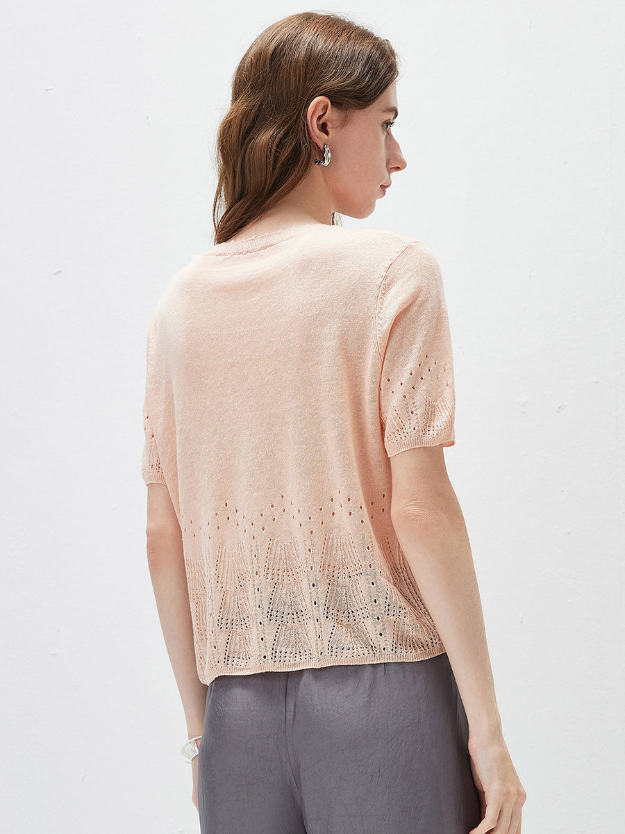 COMOBOCA Women's Sheer Openwork Knit T-Shirt