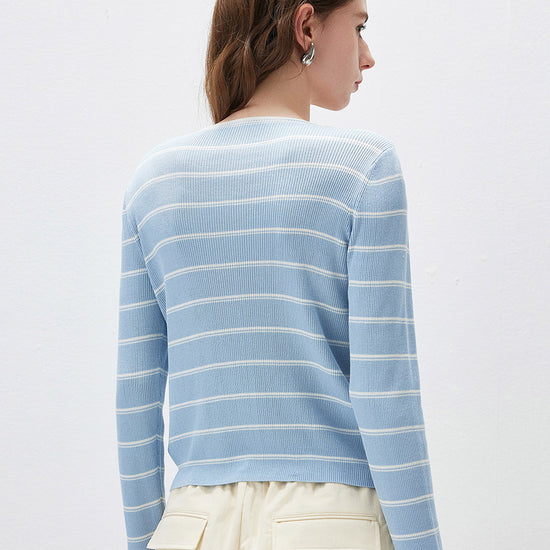 COMOBOCA Women's Striped Ribbed Knit Faux 2-in-1 Zip Cardigan