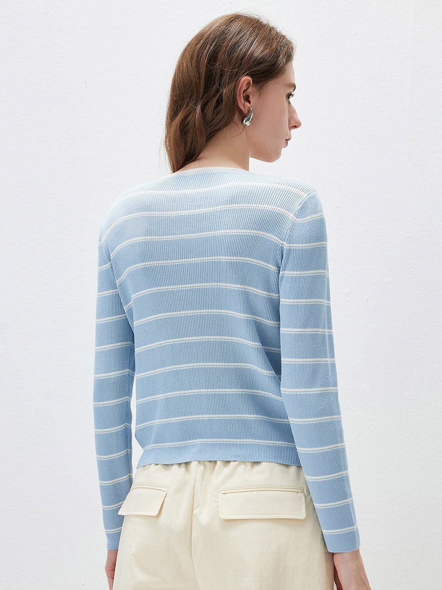 COMOBOCA Women's Striped Ribbed Knit Faux 2-in-1 Zip Cardigan