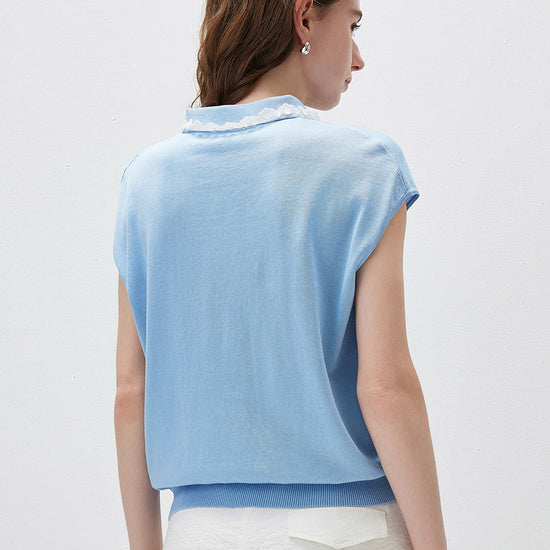 COMOBOCA Women's Lace Trim Collar Knit Polo T-Shirt