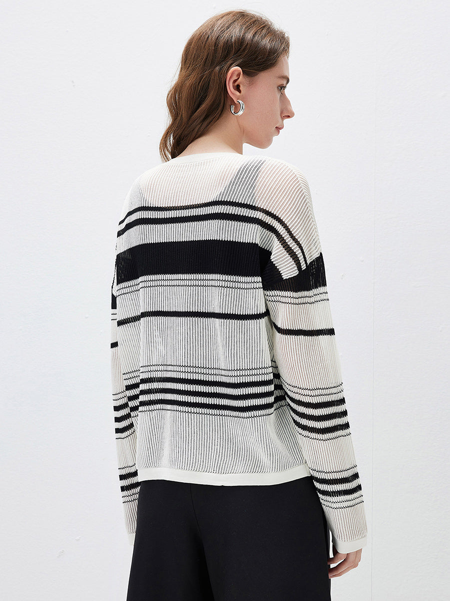 COMOBOCA Women's Asymmetric Stripe Mesh Knit Round Neck Sweater