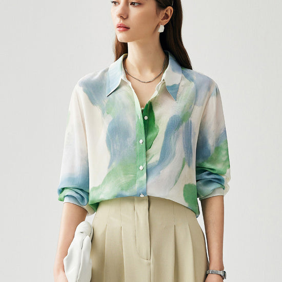 COMOBOCA Moonlight Green 100% Mulberry Silk Women's Watercolor Print Shirt