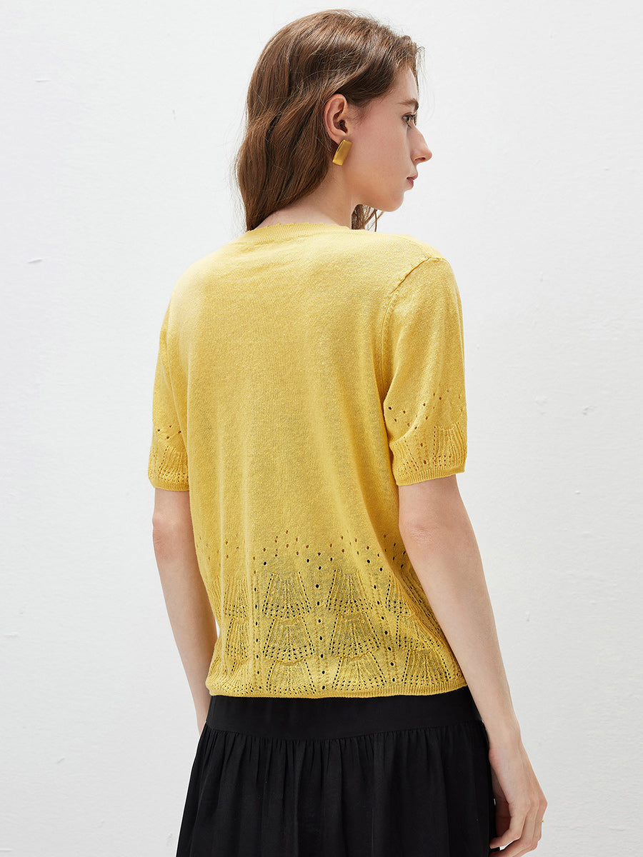 COMOBOCA Women's Sheer Openwork Knit T-Shirt