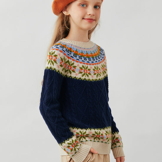 COMOBOCA 100% Wool Kids' Cable Fair Isle Round Neck Sweater