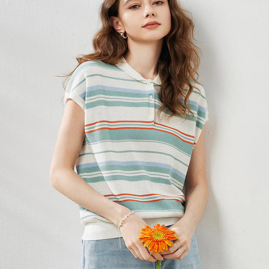 COMOBOCA Women's Striped Knit Polo T-Shirt