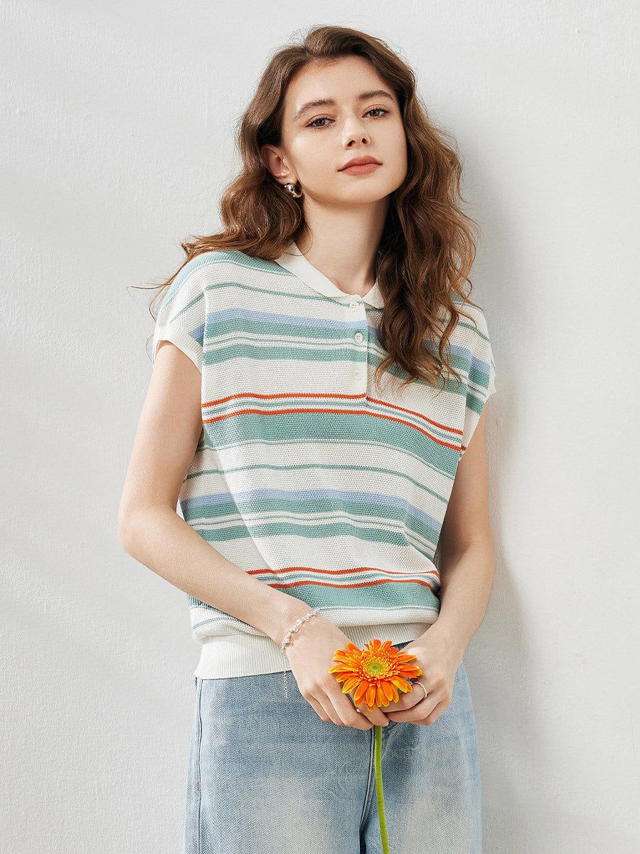 COMOBOCA Women's Striped Knit Polo T-Shirt
