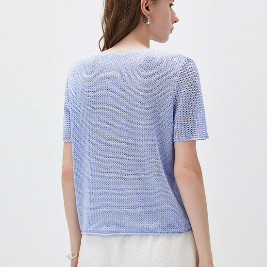 COMOBOCA Women's Openwork Round Neck Knit T-Shirt