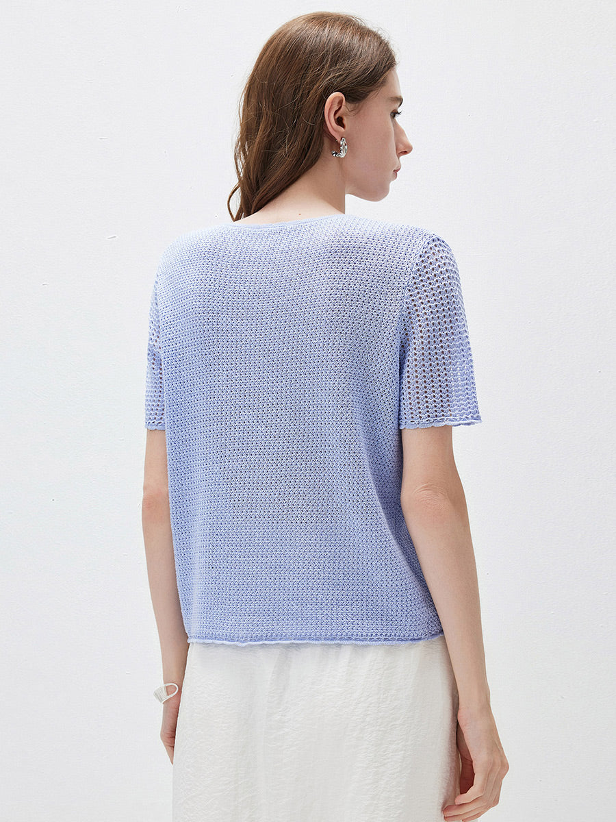 COMOBOCA Women's Openwork Round Neck Knit T-Shirt