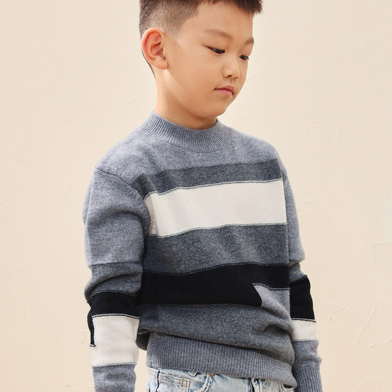 COMOBOCA 100% Wool Kids' Geometric Color Block Striped Knit Sweater