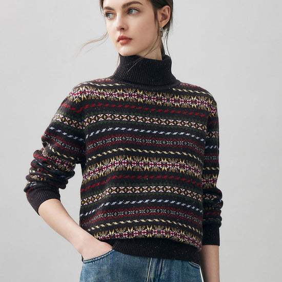 COMOBOCA 100% Cashmere Women's Fair Isle Turtleneck Sweater