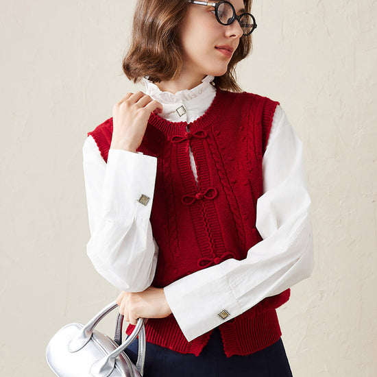 COMOBOCA Red 100% Cashmere Women's Bow Detailing Cable Knit Vest