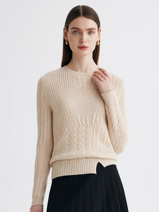 COMOBOCA Beige 100% Cashmere Women's Cable Heart Patterned Knit Sweater