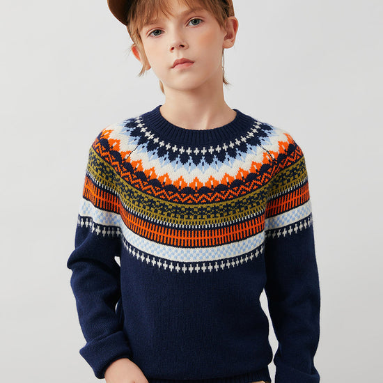 COMOBOCA Navy Blue 100% Wool Kids' Fair Isle Round Neck Sweater