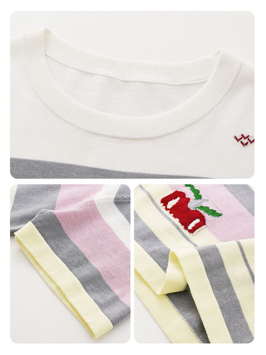 COMOBOCA Women's Farm Scene Striped Knit T-Shirt