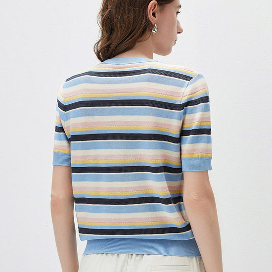 COMOBOCA Women's Multi-Color Stripe Knit T-Shirt