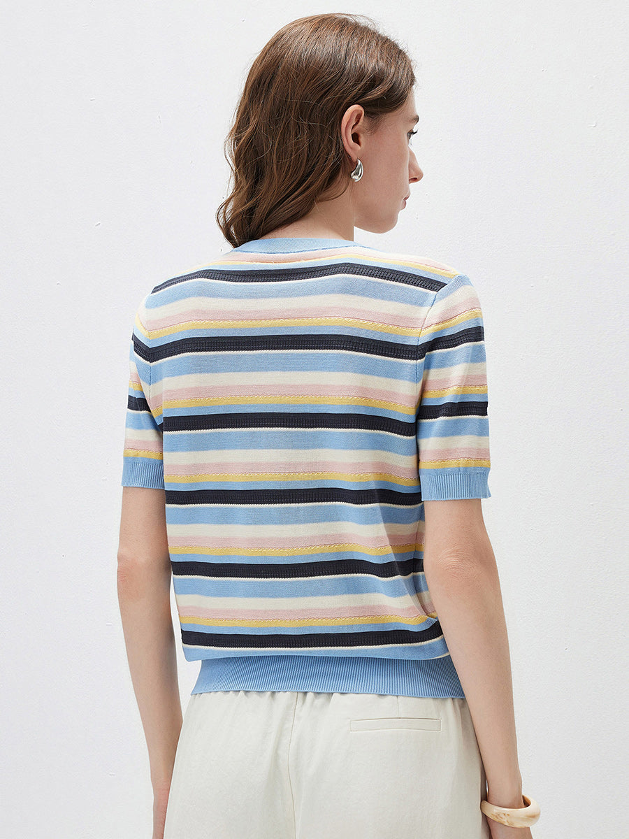 COMOBOCA Women's Multi-Color Stripe Knit T-Shirt