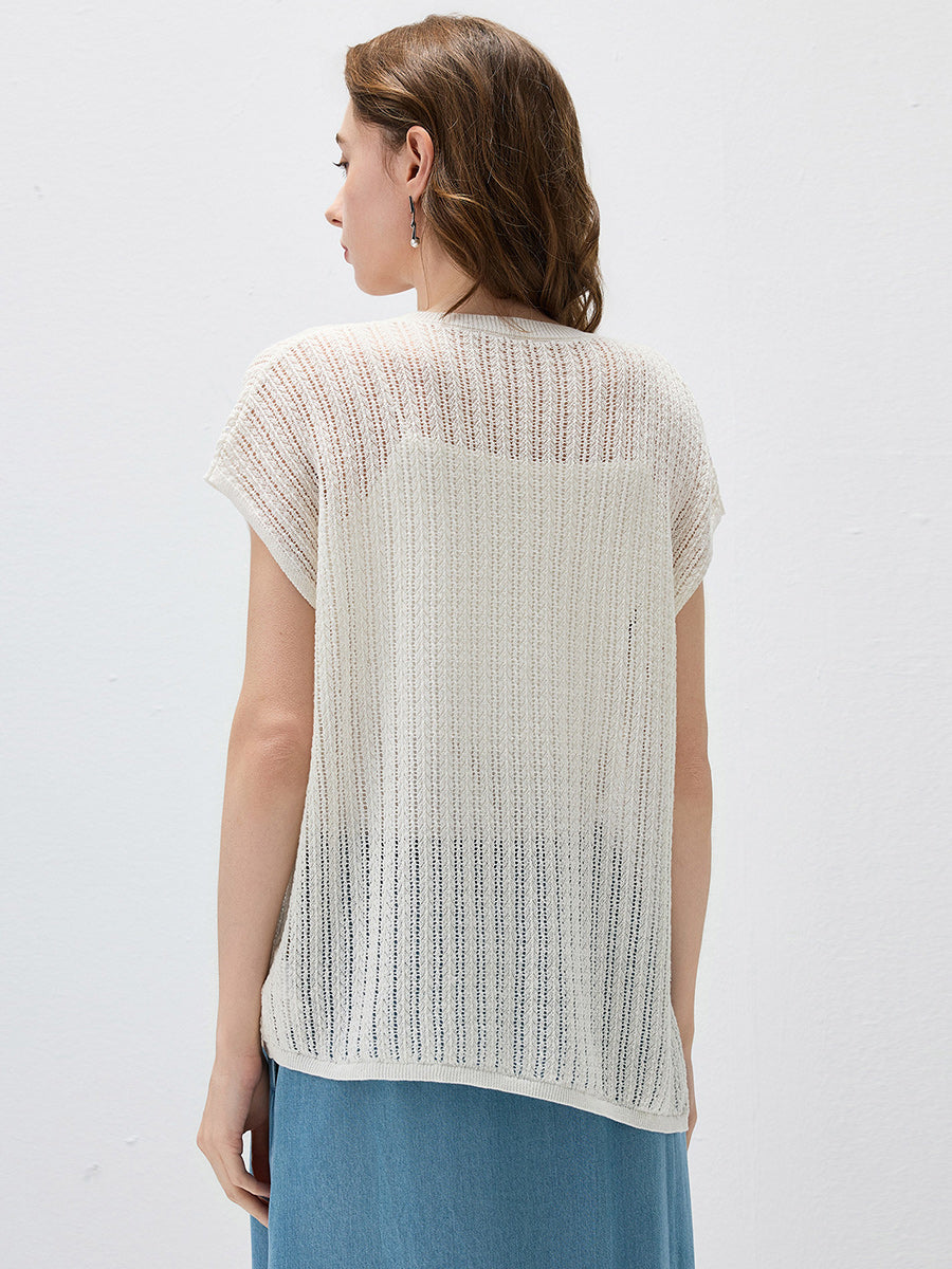 COMOBOCA Women's Openwork Side Slit Knit Top