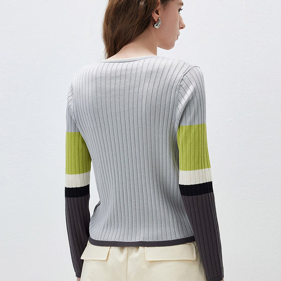 COMOBOCA Women's Ribbed Color Block Round Neck Knit Sweater