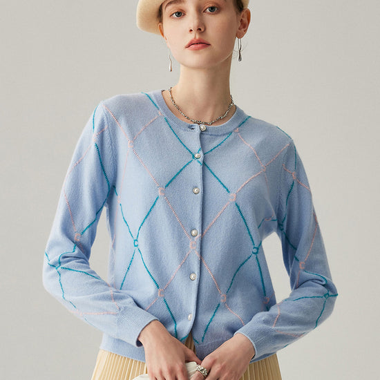 COMOBOCA Light Blue 100% Cashmere Women's Diamond Patterned Pearl Button Cardigan