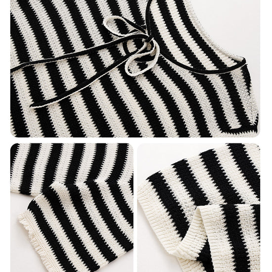 COMOBOCA Women's Tie-Neck Striped Knit T-Shirt