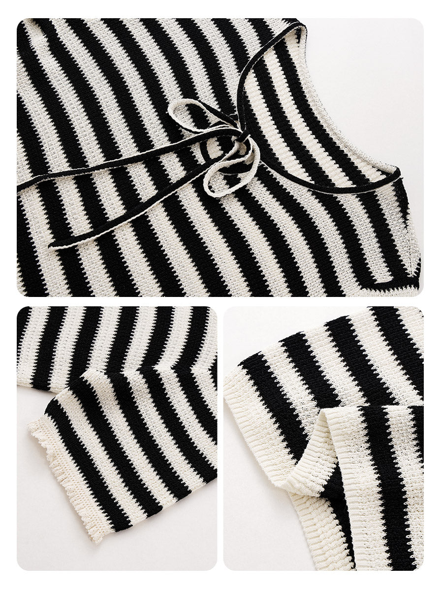 COMOBOCA Women's Tie-Neck Striped Knit T-Shirt