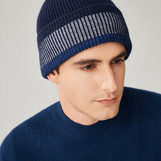 COMOBOCA Navy Blue 100% Wool Men's Striped Ribbed Knit Beanie