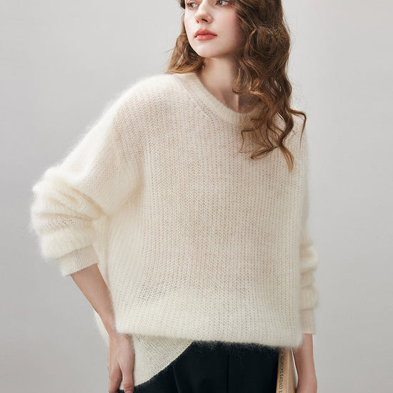 COMOBOCA Women's Mohair Sheer Knit Round Neck Sweater