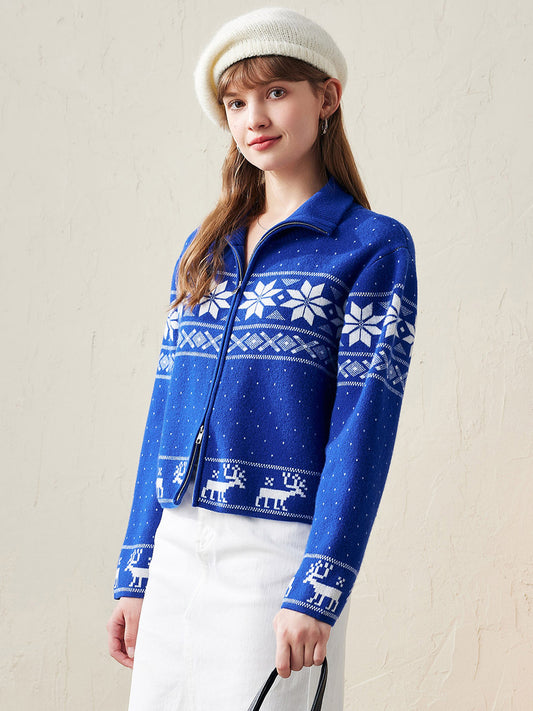 COMOBOCA BLUE 100% Wool Women's Winter Wonderland Knit Cardigan