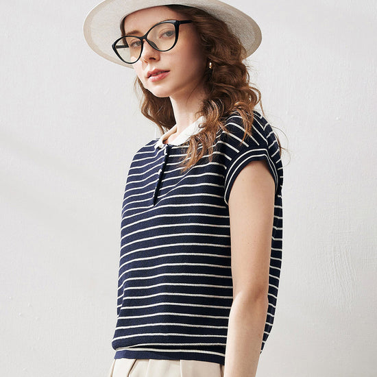 COMOBOCA Women's Cotton Silk Striped Knit Polo Shirt
