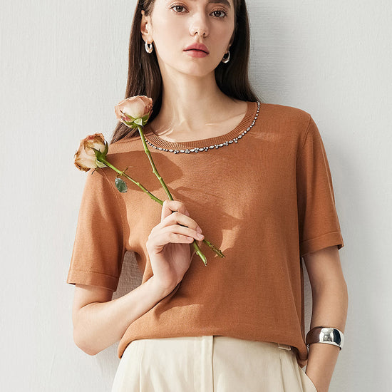 COMOBOCA Women's Cotton Silk Jeweled Neckline T-Shirt