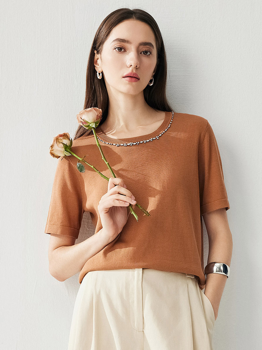 COMOBOCA Women's Cotton Silk Jeweled Neckline T-Shirt