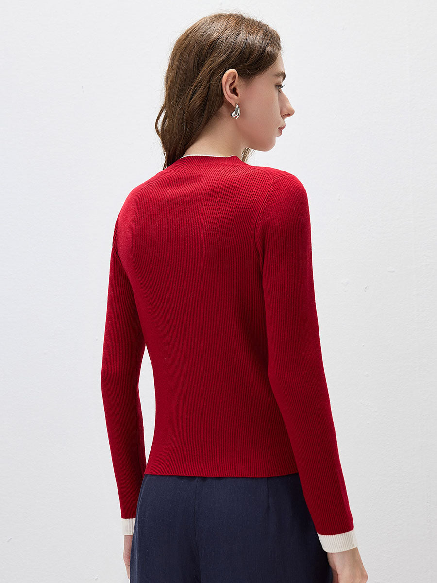 COMOBOCA Women's Ribbed Contrast Trim Henley Knit Sweater