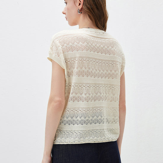 COMOBOCA Women's Openwork Striped Sleeveless Knit T-Shirt